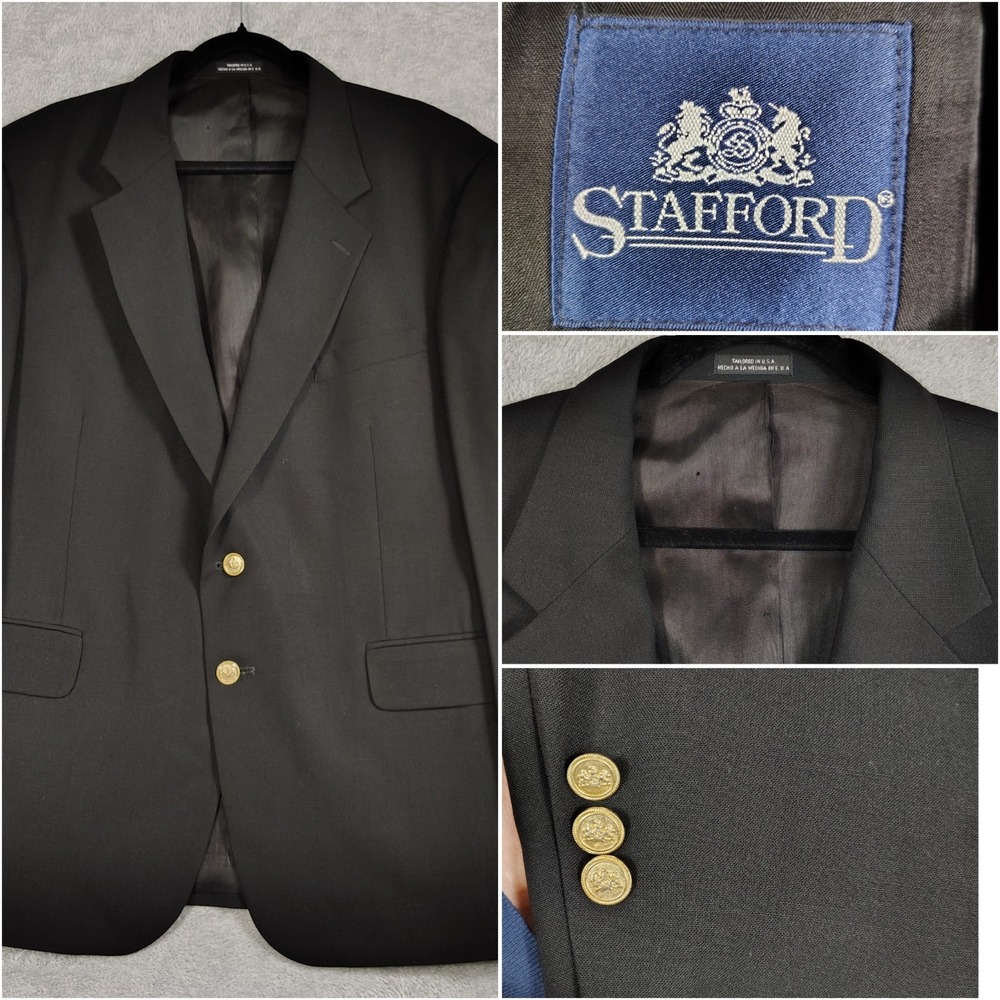 Stafford Vintage Black Hopsack 43R Sport‎ Coat Jacket Blazer Wool Gold Buttons